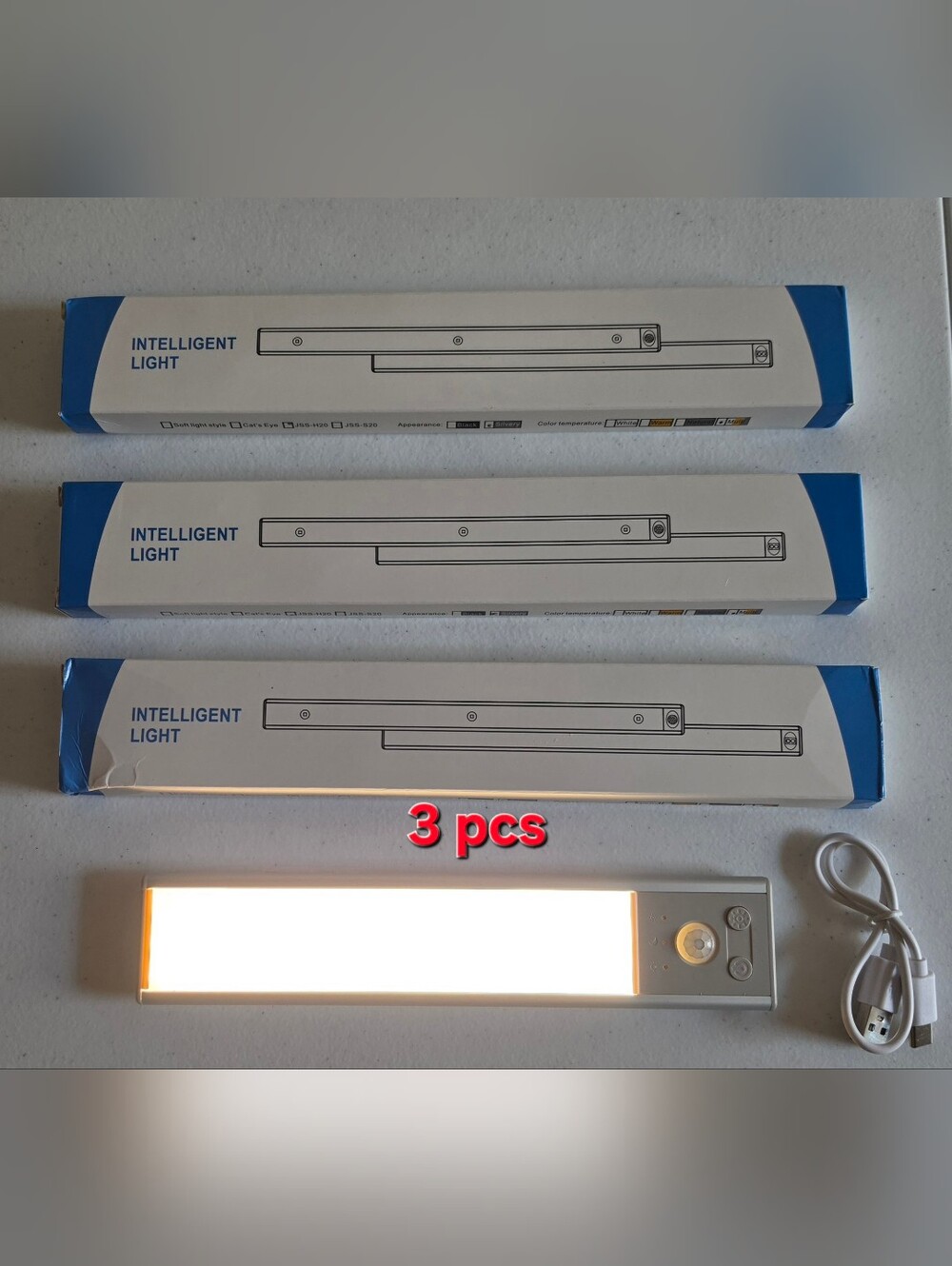 3 pack of rechargeable LED smart motion sensor under cabinet closet lights 8"